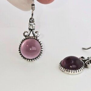 Sterling Silver Amethyst Drop Earrings | Round Cabochon | .925